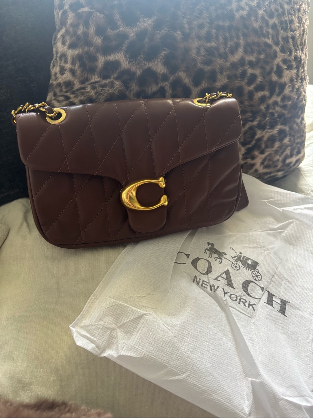 Coach Quilted Shoulder Bag in Dark Brown with Gold Hardware